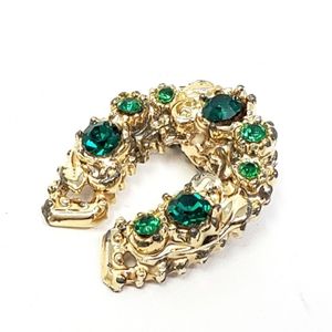 Vintage Lucky Horseshoe Emerald Green Brooch
